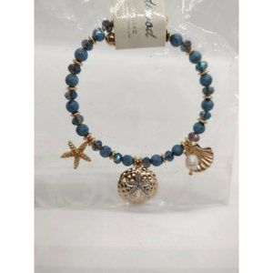 New Redwood USA Blue Gold Starfish Seashell Faux Pearl Cut Stone Charm Bracelet